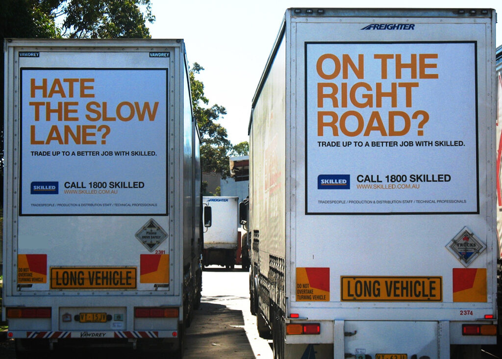 A pair of TruckBacks for Skilled shows succinct, clever copy relevant to the medium.